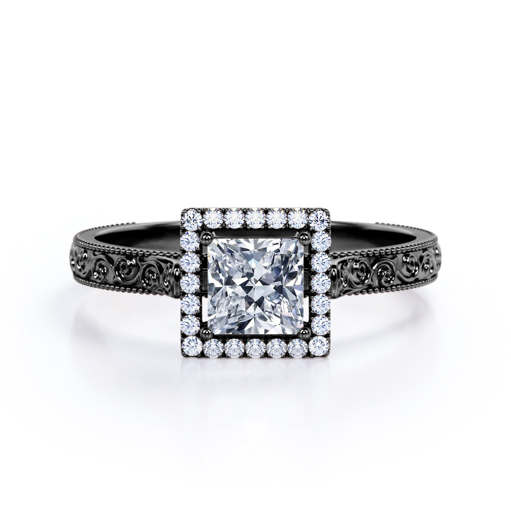 1.15 carat Princess cut Moissanite and diamond vintage filigree engagement ring in Black gold