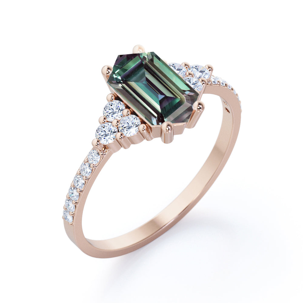 Eternity Pave 1.5 carat Hexagon cut Alexandrite and diamond vintage inspired engagement ring in Rose gold