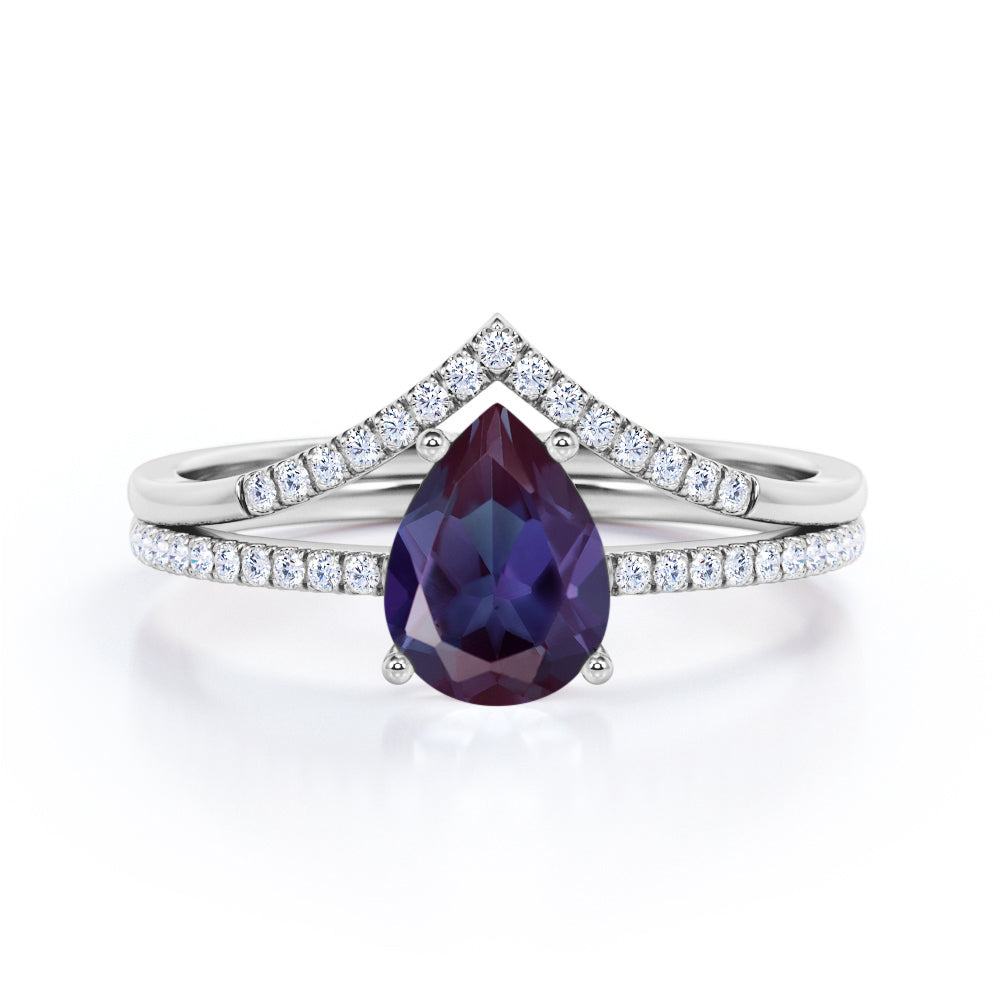 Simple Chevron 1.35 carat Pear shaped Lab created Alexandrite and diamond pave set wedding ring set in Black gold