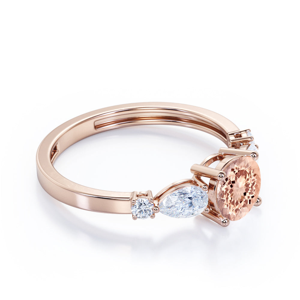 5 lucky stones 1.2 carat Round cut Peach Morganite and diamond antique engagement ring in Rose gold
