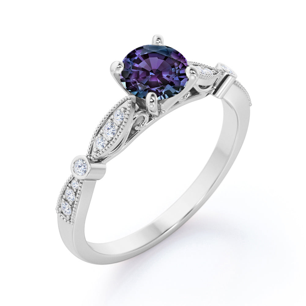 Claw Cathedral setting 1.15 carat Round cut Lab created Alexandrite and diamond art deco engagement ring in White gold