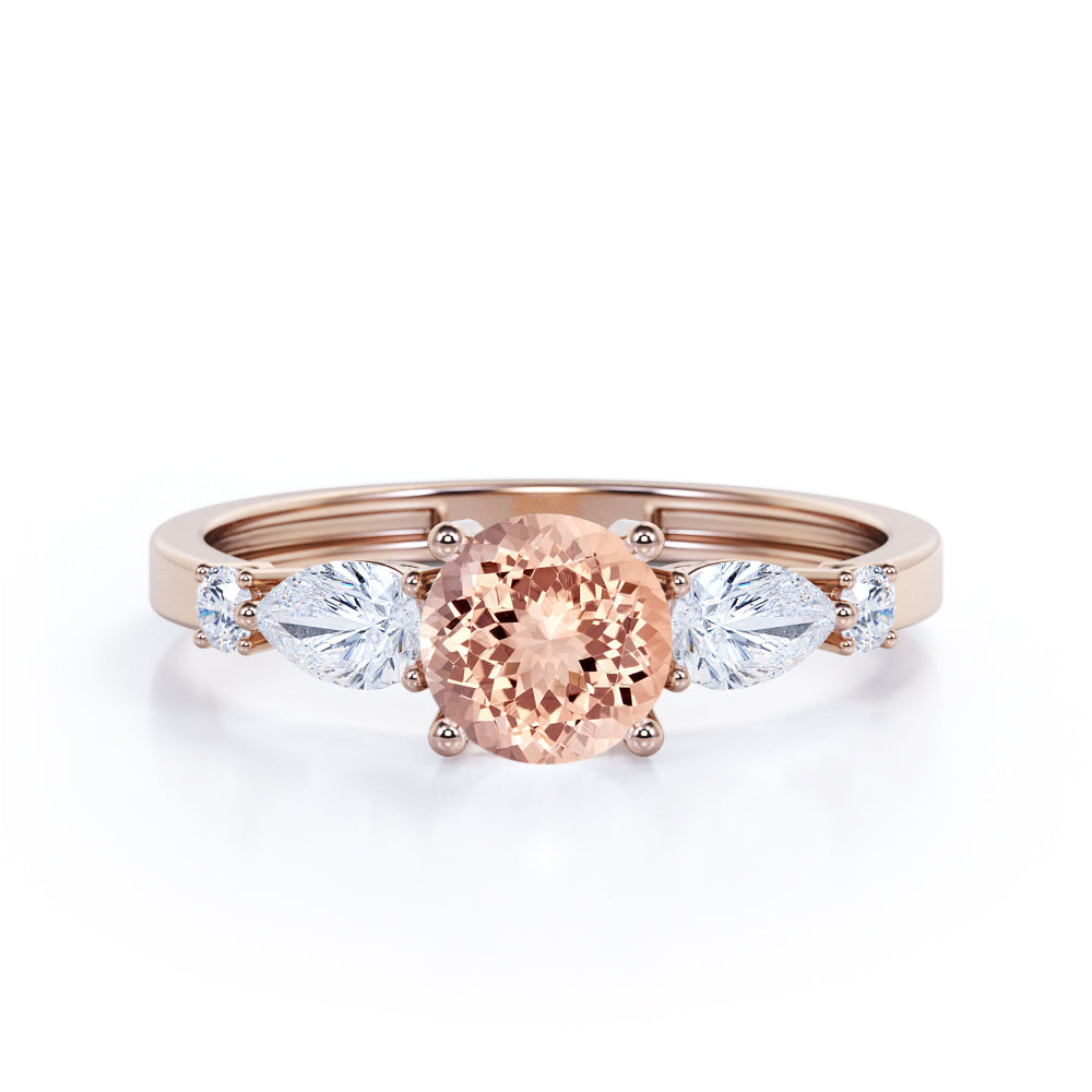 5 lucky stones 1.2 carat Round cut Peach Morganite and diamond antique engagement ring in Rose gold