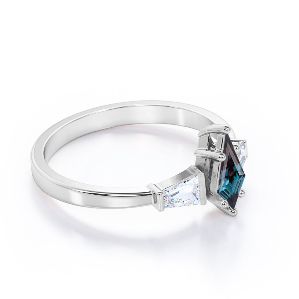 Baguette style 1.1 carat Kite shaped Alexandrite and diamond unique three stone engagement ring in White gold