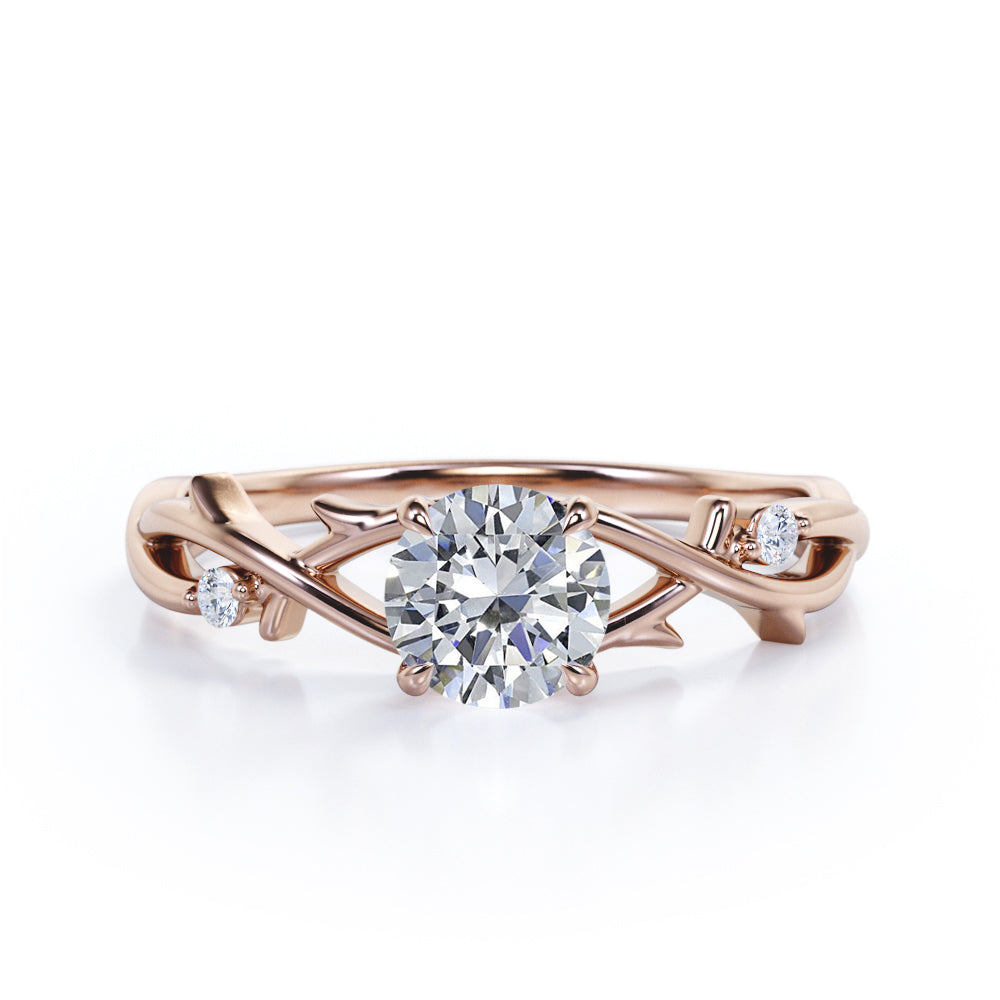 Branch leaf inspired 1 carat Round cut Moissanite and diamond solitaire engagement ring in rose gold