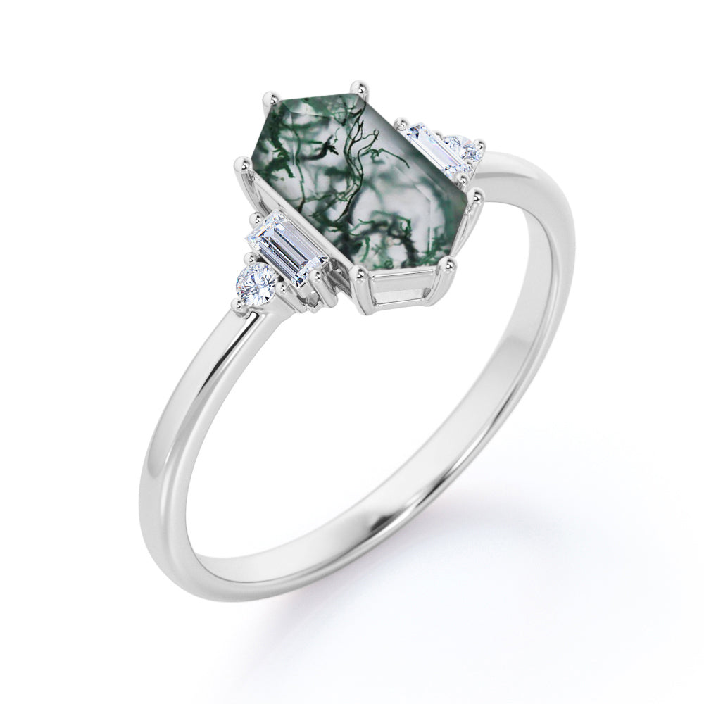 Eccentric 5 stones 1.1 carat Hexagon shaped Moss Green Agate and diamond anniversary ring in White gold