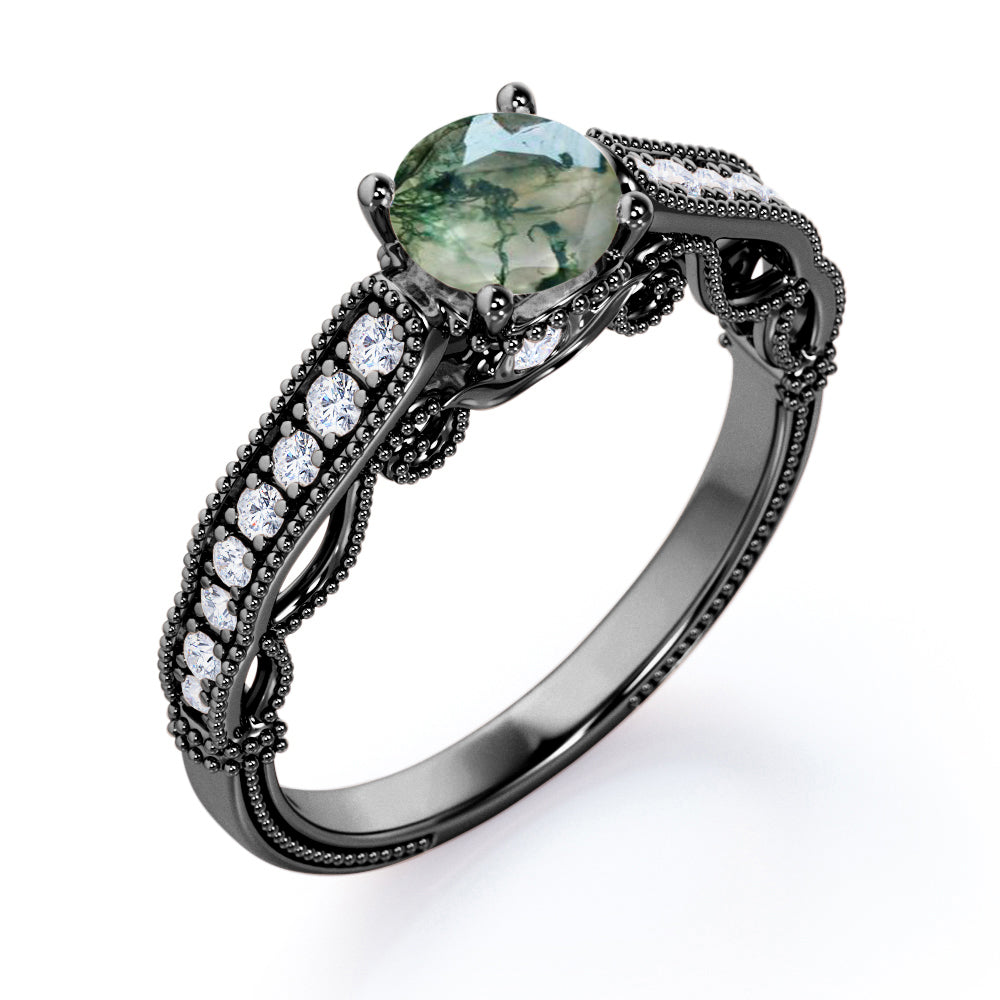 Victorian inspired filigree 1.25 carat Round cut Moss Green Agate and diamond milgrain engagement ring in Black gold