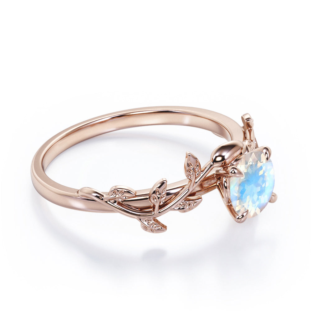 Classic Vine and lead 1 carat Round cut Brilliant Rainbow Moonstone earthy engagement ring in Rose gold