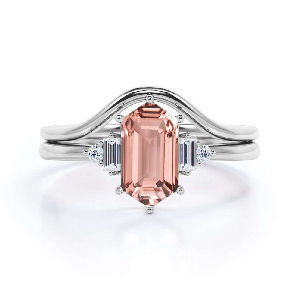 Simple Contoured 1.1 carat Hexagon cut Morganite and diamond 6 prong engagement ring in White gold