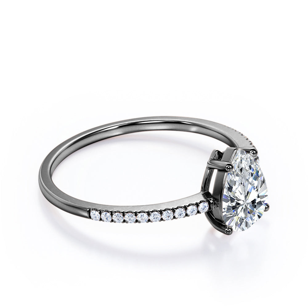 Elegant 1.2 carat Pear shaped Moissanite and diamond vintage prong engagement ring in Black gold