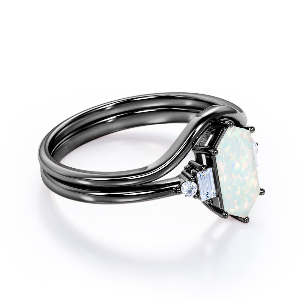 Magnificent 1.15 carat Hexagon cut Opal and diamond engagement ring with U-shaped wedding band in Black gold-Bridal set