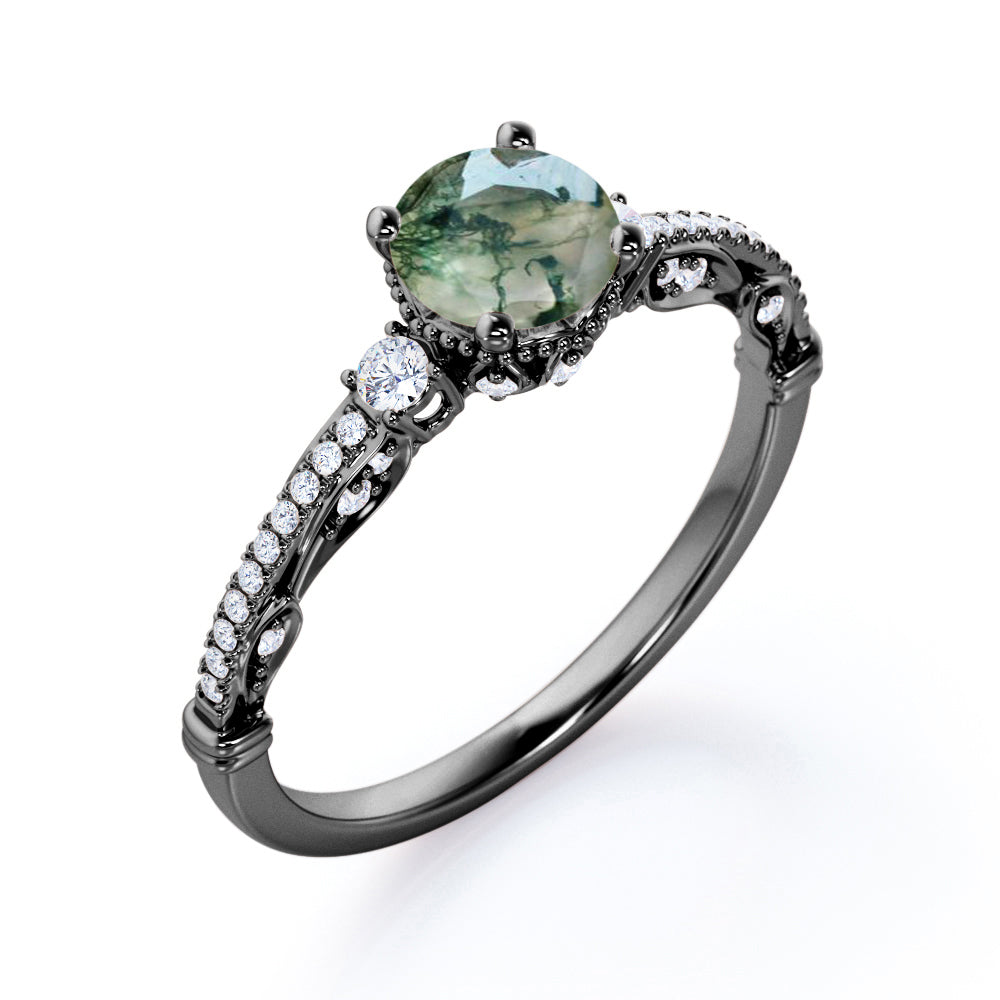Vintage Bead décor 1.4 carat Round cut Moss Agate and diamond-pave filigree-three stone engagement ring in Black gold