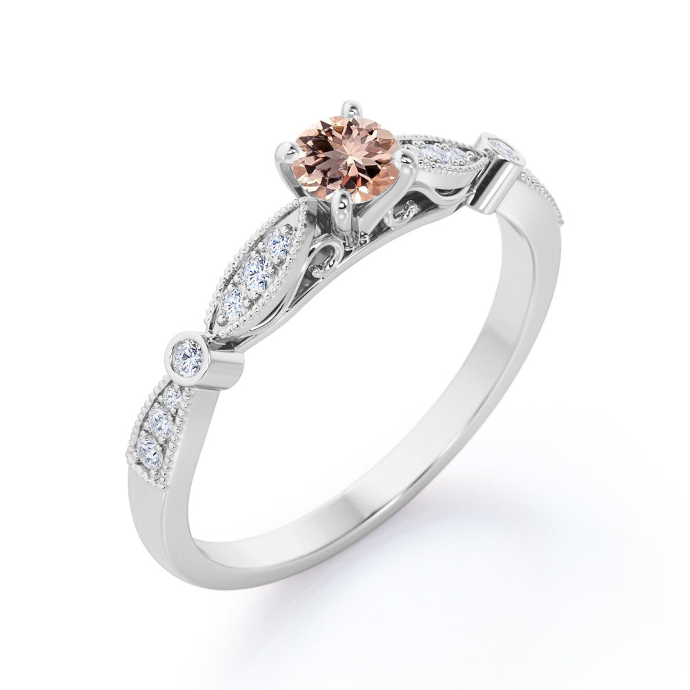 Timeless 0.75 carat Round cut Peach pink Morganite and diamond pinched shank engagement ring in White gold