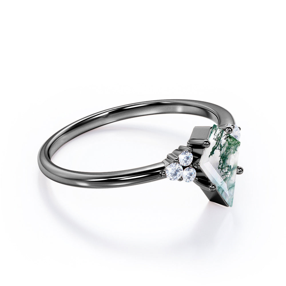 Elegant 1.1 carat Kite shaped Moss Green Agate and diamond 7 stone engagement ring in Black gold