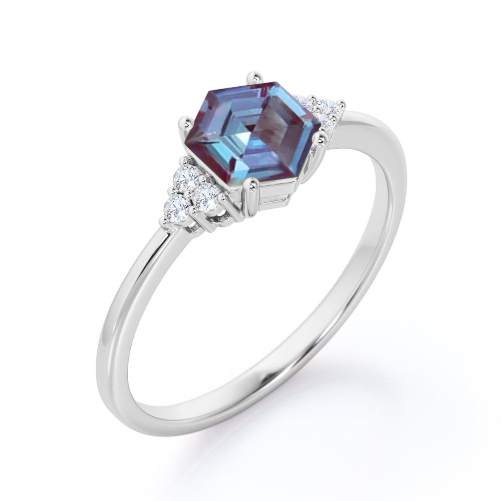 Quadrilateral Prong 0.55 carat Alexandrite and diamond seven stone engagement ring in Black gold