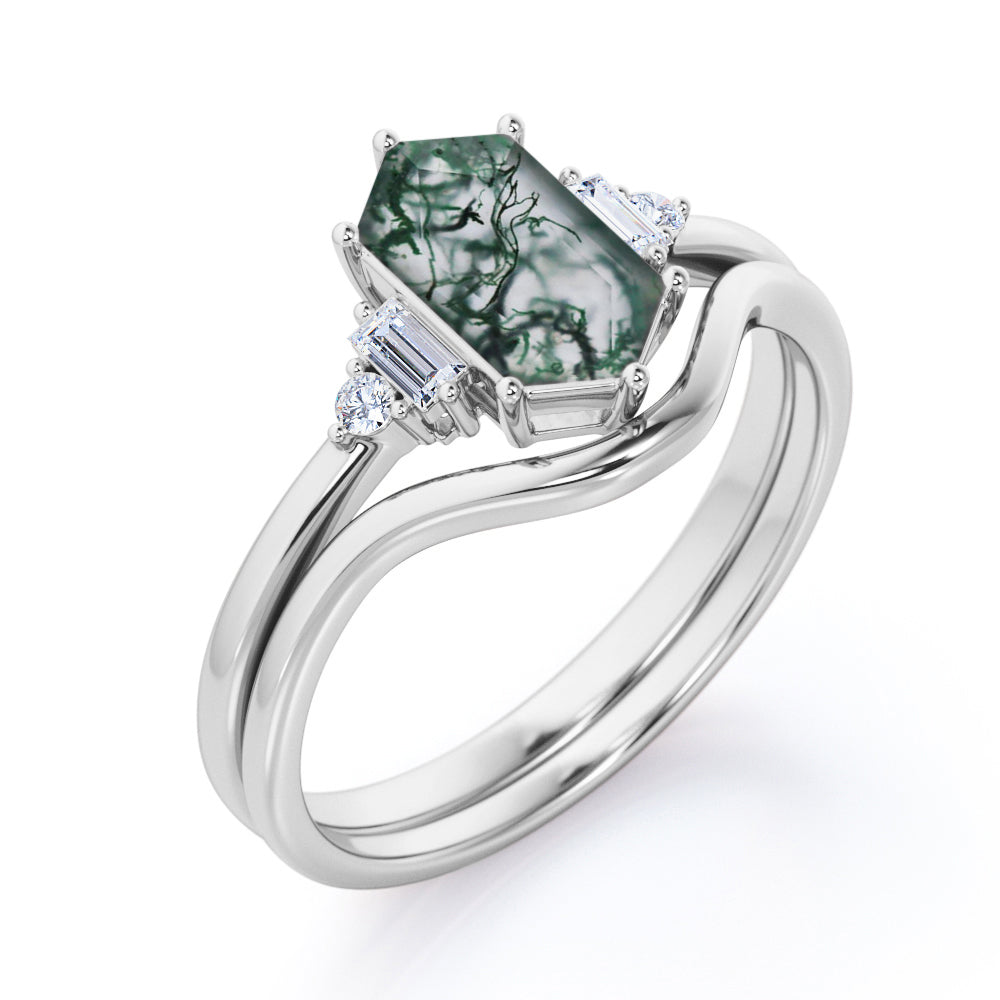 Plain Chevron Band 1.1 carat Hexagon shaped Moss Green Agate and diamond 5 stone Bridal ring set in White gold