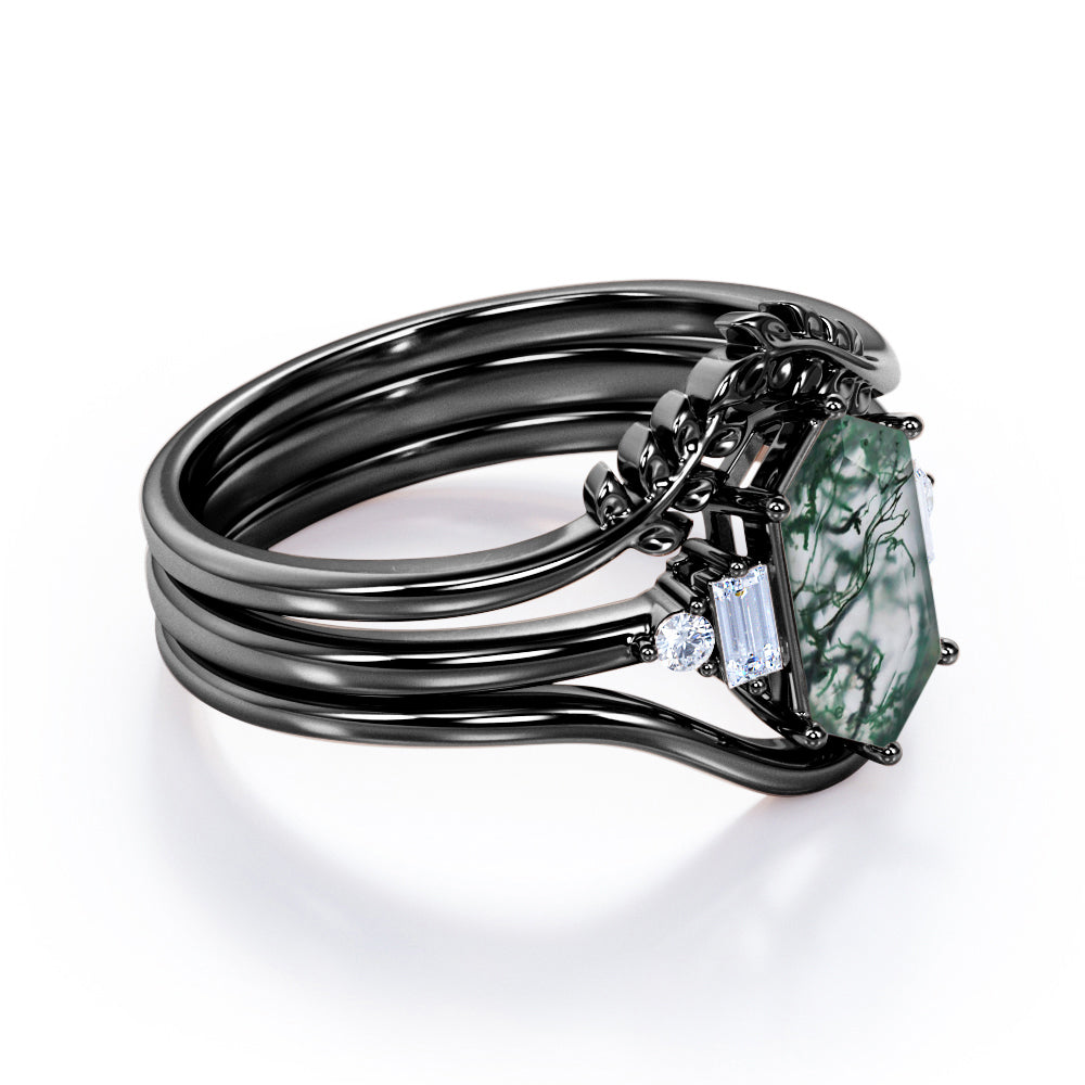 Vintage Double Chevron 1.1 carat Hexagon shaped Moss Green Agate and diamond forest inspired engagement ring in Black gold