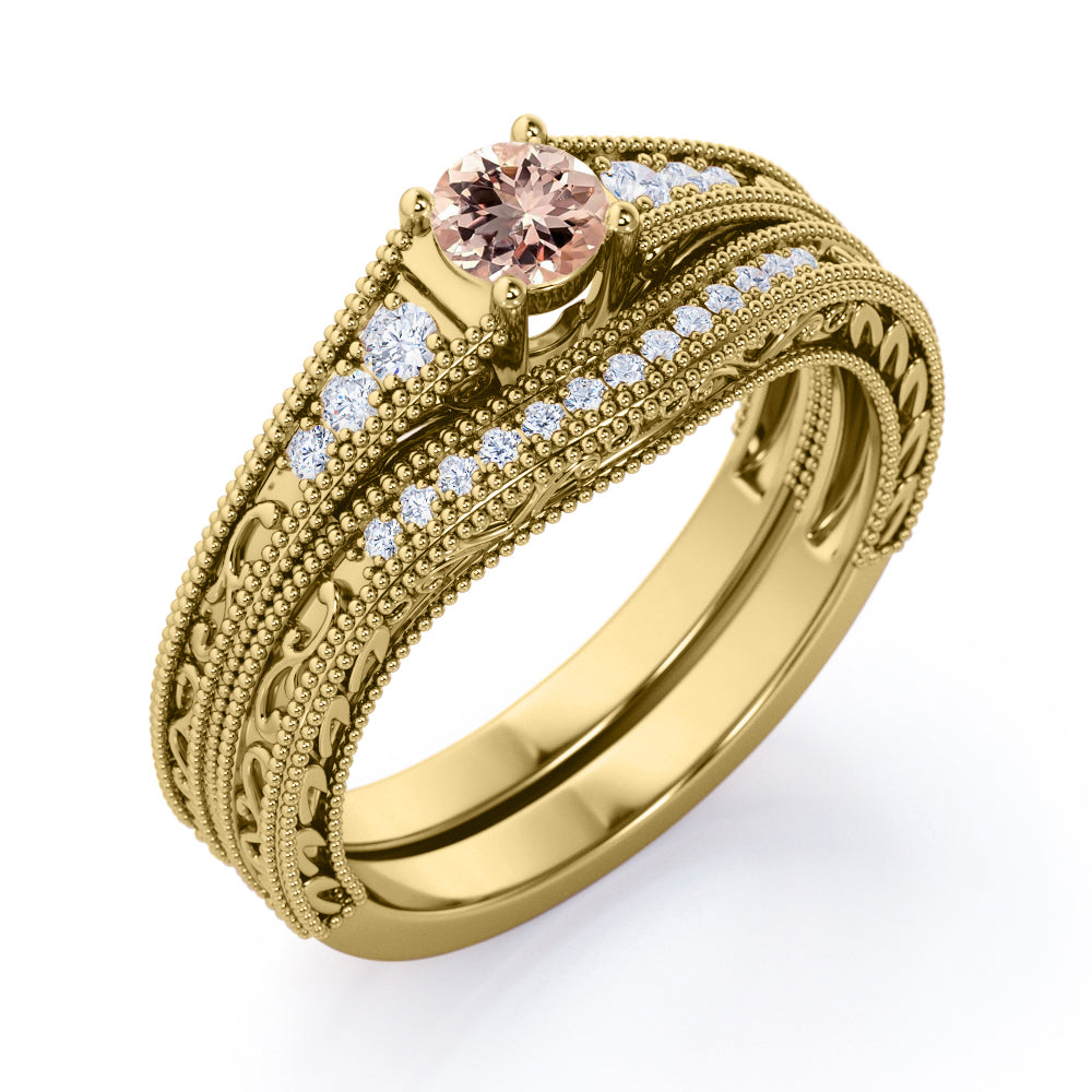 Contoured Milgrain 0.75 carat Round cut Peach Morganite and diamond floral filigree Bridal set for women in Yellow gold