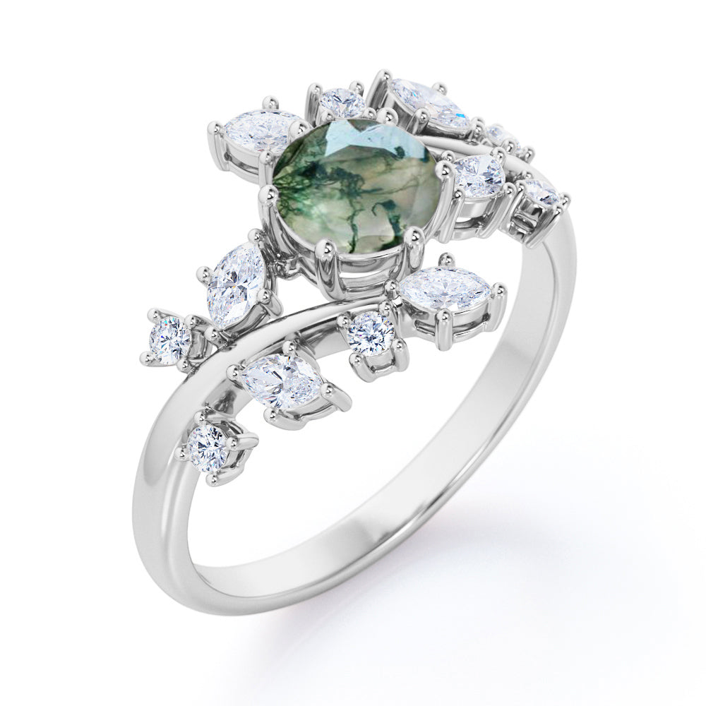 Floral Branch style 0.75 carat Round cut Moss Green Agate and diamond open style engagement ring in White gold