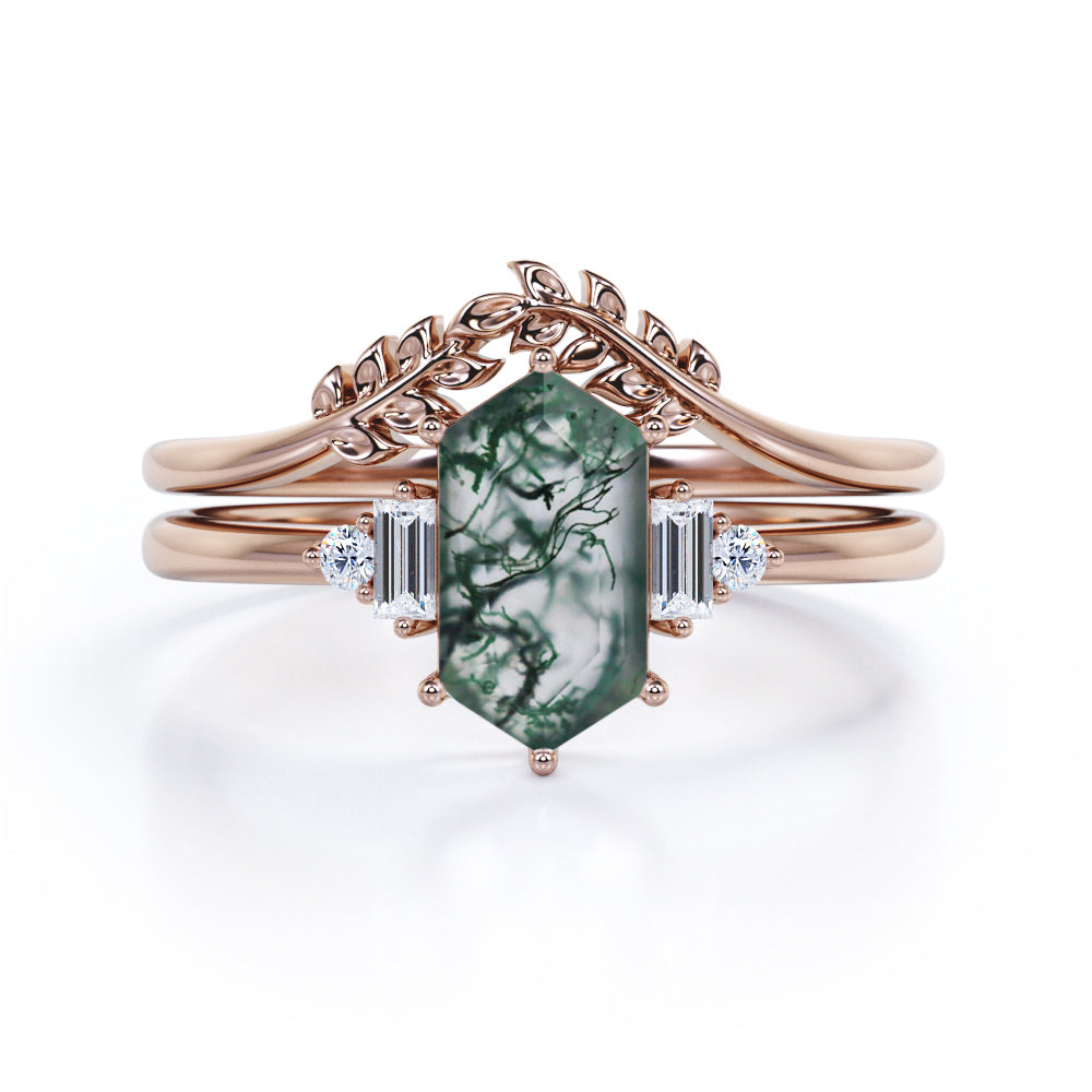 Leaf inspired Chevron 1.1 carat Hexagon shaped Moss Green Agate and diamond wedding ring set in Rose gold