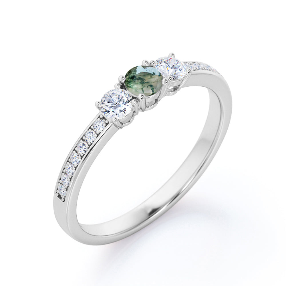 Elegant triple stone 0.8 carat Round cut Moss Green Agate and diamond channel setting engagement ring in White gold
