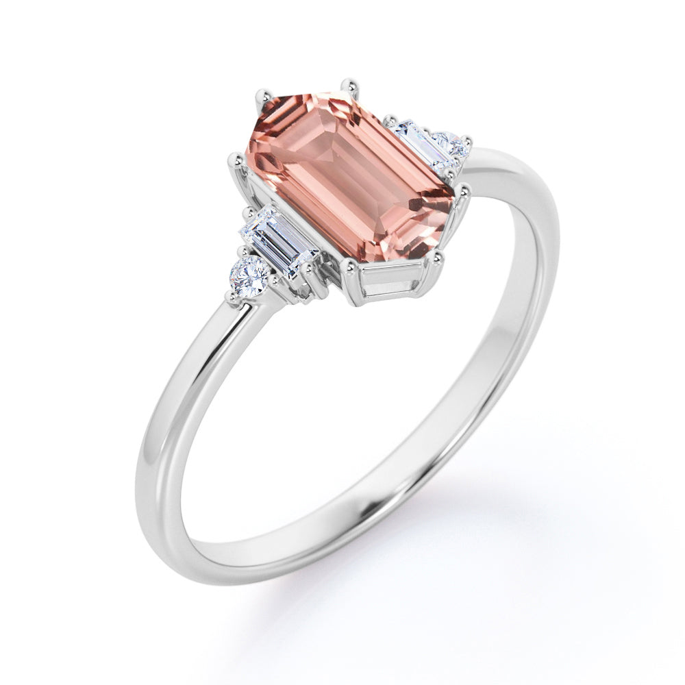 Lovely 5 stones 1.1 carat Hexagon Shaped Morganite and diamond tapered shank engagement ring in White gold