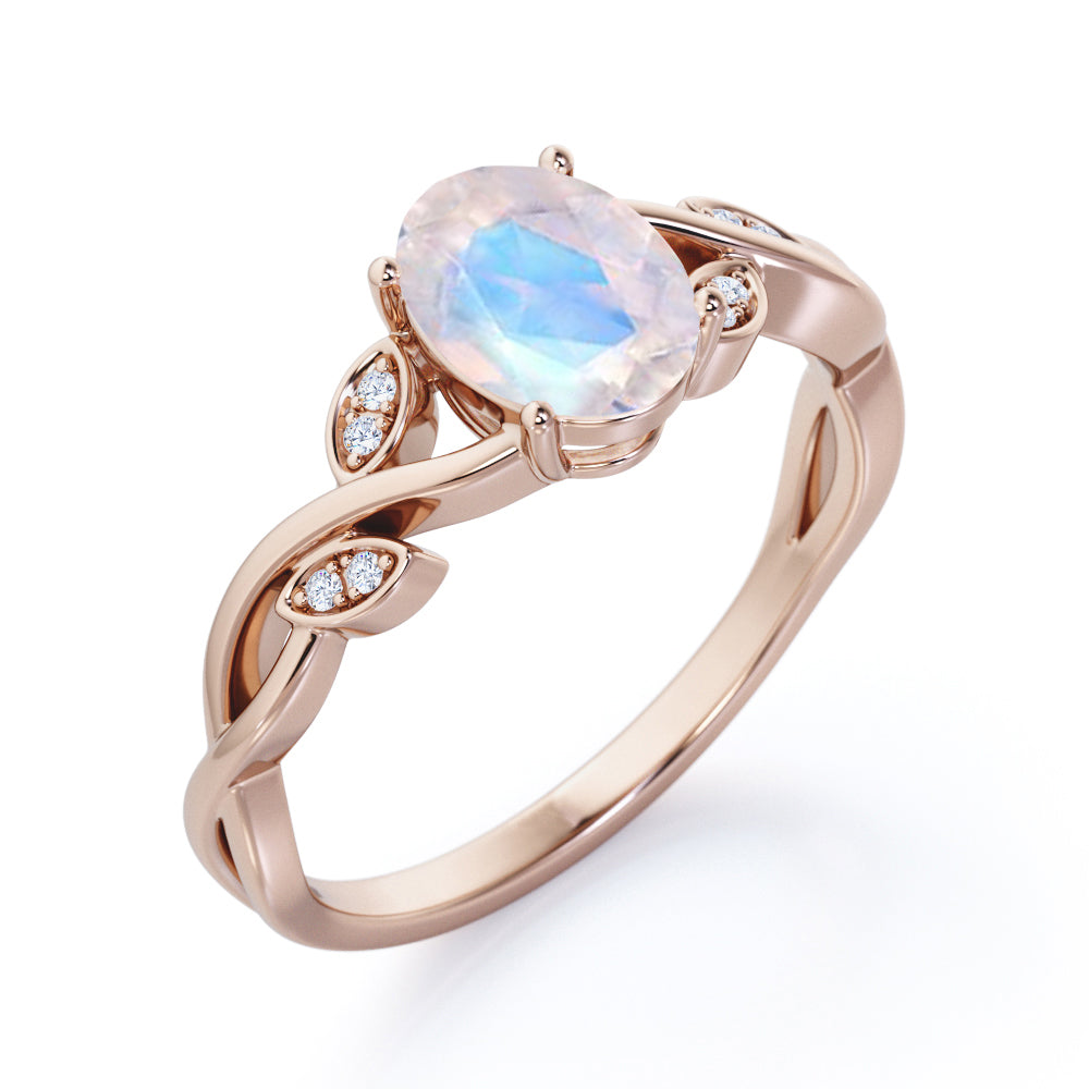 Twisted Vine 1.15 carat Oval cut Rainbow Moonstone and diamond forest inspired engagement ring in Rose gold