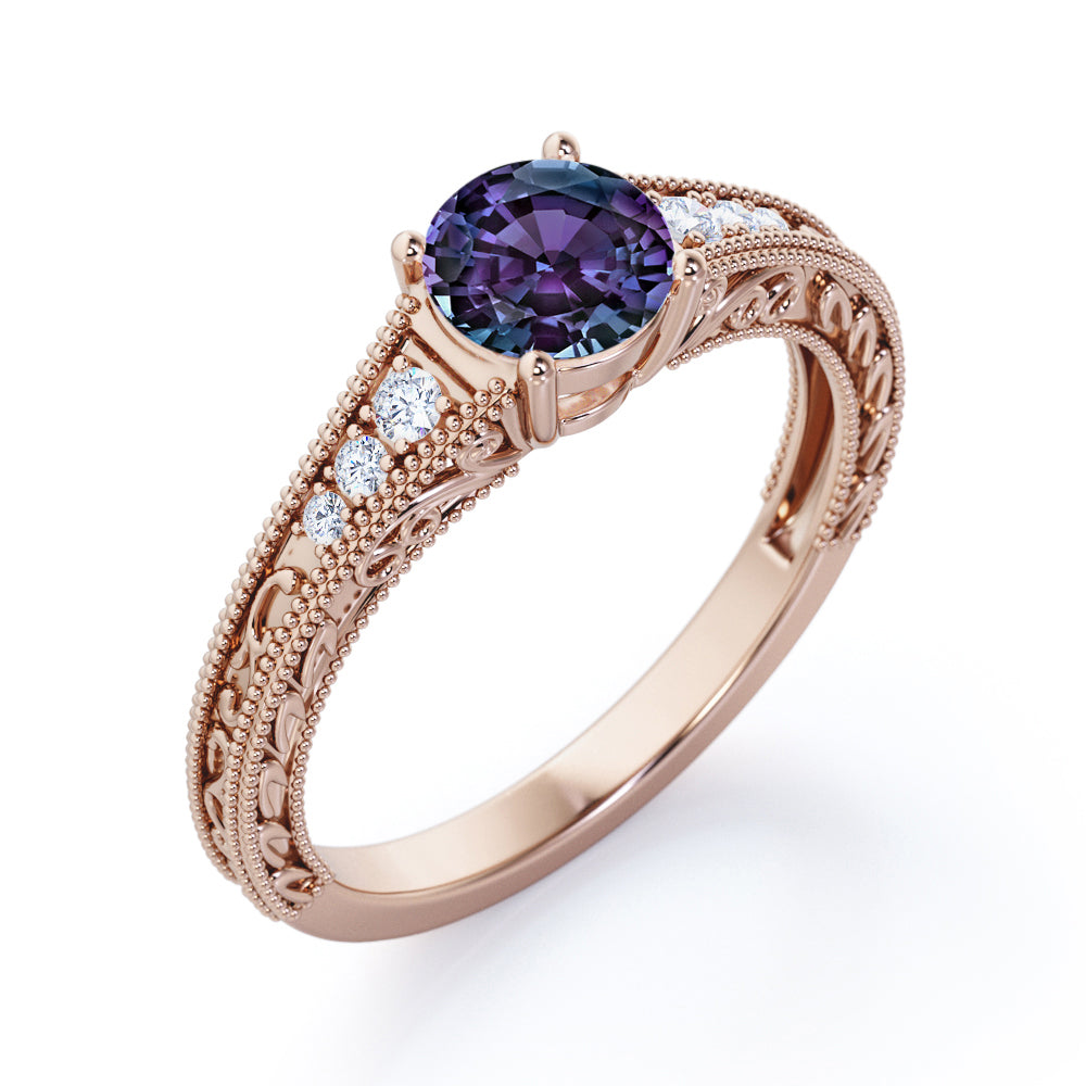 Antique art nouveau 1.1 carat Round cut Synthetic Alexandrite and diamond engagement ring in Rose gold