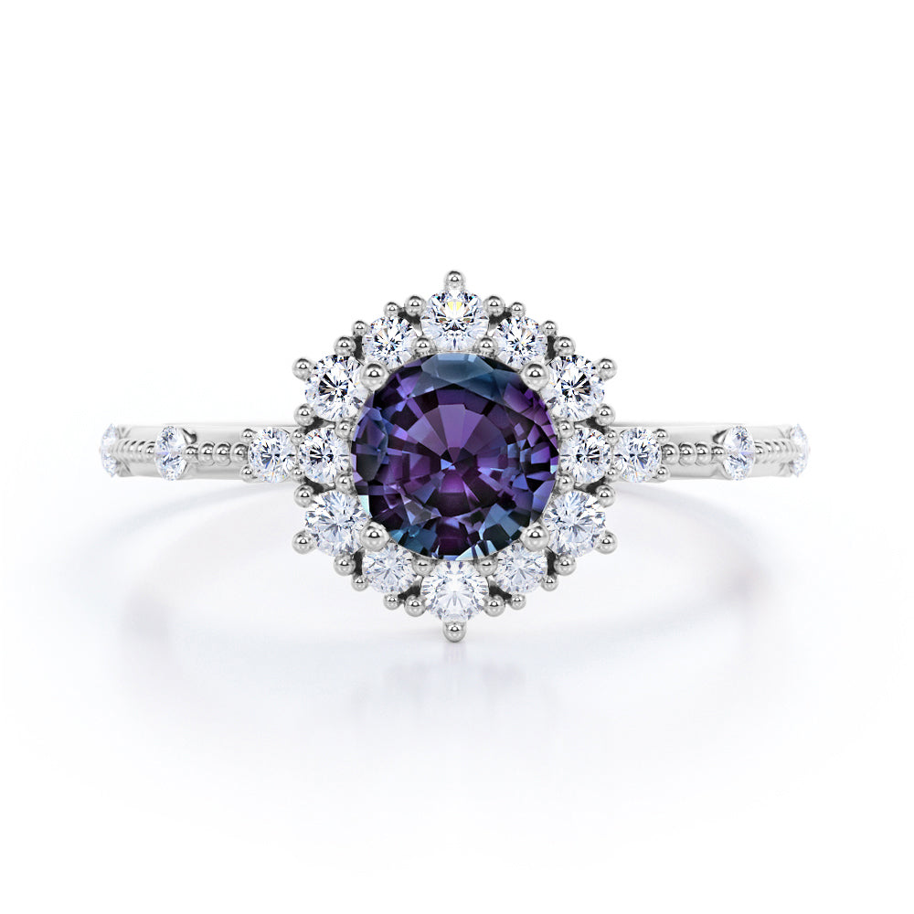 Antique Snowflake Halo 1.35 carat Round cut Synthetic Alexandrite and diamond vintage bead décor engagement ring in Black gold