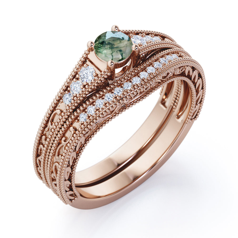 0.75 carat Round cut Moss Green Agate and diamond contoured filigree and milgrain Bridal ring set in Rose gold