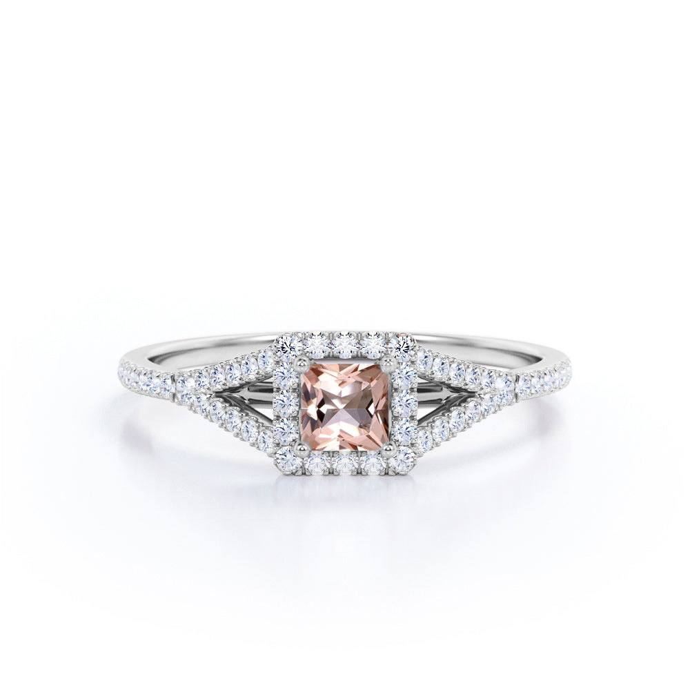 Pave shank 1 carat Princess cut Morganite and diamond eternity halo engagement ring in White gold