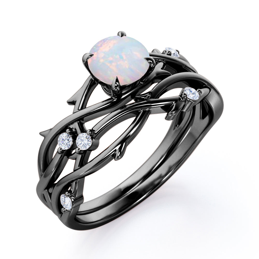 Twisted vine inspired 1 carat Round cut Opal and diamond claw prong wedding ring set for women in Black gold
