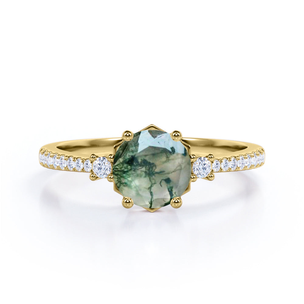 1.35 carat Round cut Moss Agate and diamond trinity pave engagement ring in Yellow gold