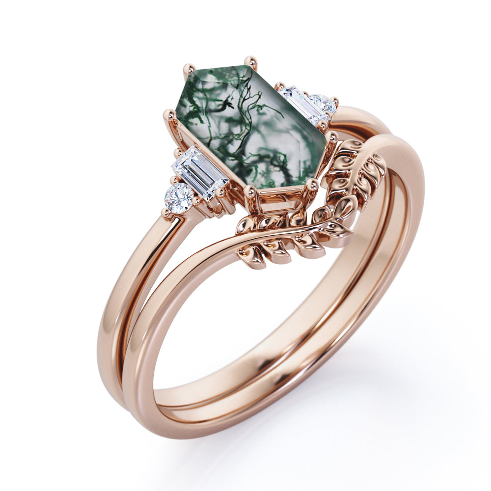 Leaf inspired Chevron 1.1 carat Hexagon shaped Moss Green Agate and diamond wedding ring set in Rose gold