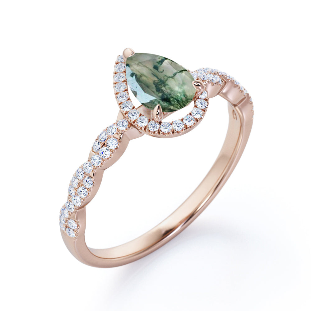 Stylish twisted style 1.5 carat Pear cut Moss Green Agate and diamond infinity halo engagement ring in Rose gold