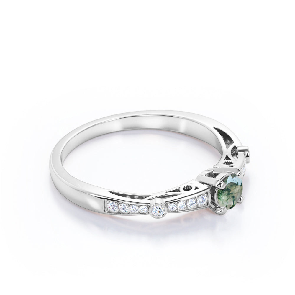 Baguette shank style 0.75 carat Round cut Moss Green Agate and diamond art deco engagement ring in White gold