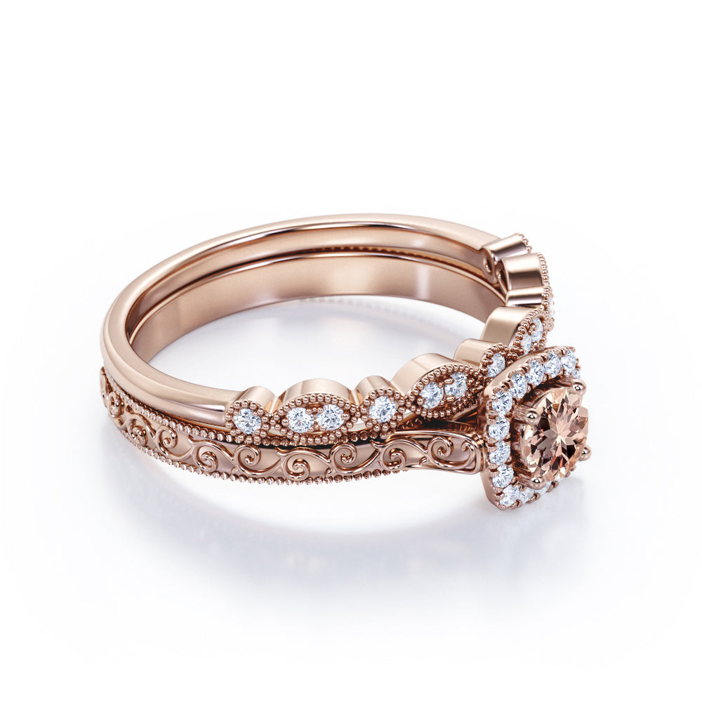 Victorian Filigree 0.9 carat Round cut Morganite and diamond halo Milgrain halo engagement ring set in Rose gold-Bridal set
