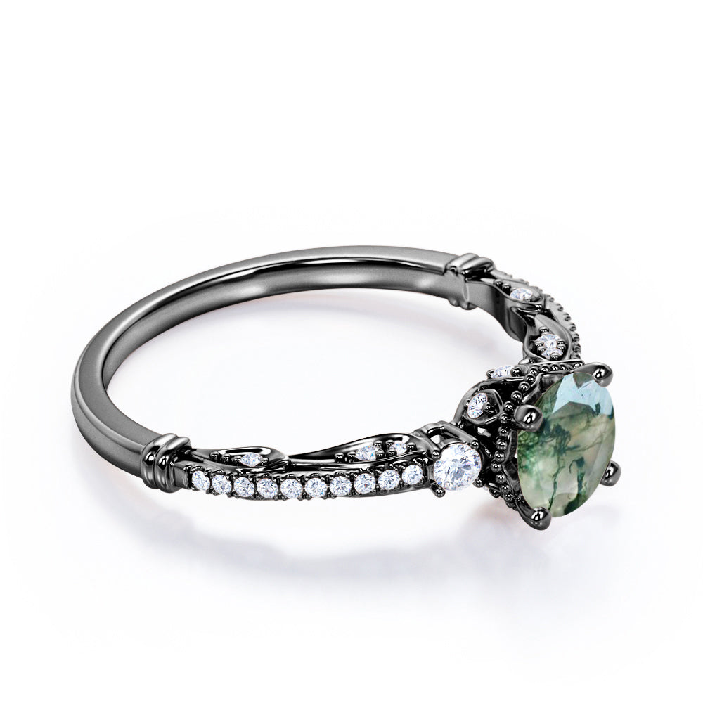 Vintage Bead décor 1.4 carat Round cut Moss Agate and diamond-pave filigree-three stone engagement ring in Black gold