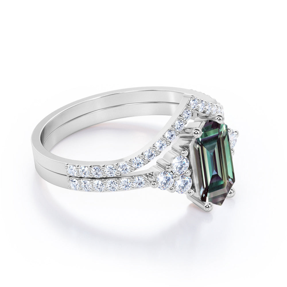 Pave Chevron 1.7 carat Hexagon shaped Lab made Alexandrite and diamond wedding ring set for her in White gold