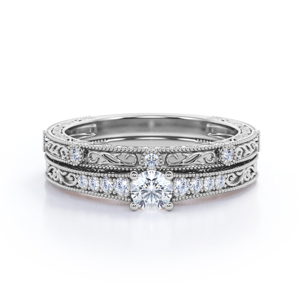 Authentic Victorian filigree 0.75 carat Round cut Moissanite and diamond Bridal set in White gold