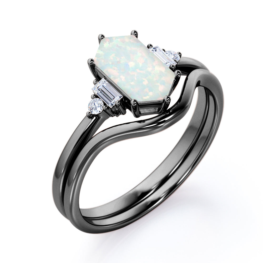 Magnificent 1.15 carat Hexagon cut Opal and diamond engagement ring with U-shaped wedding band in Black gold-Bridal set