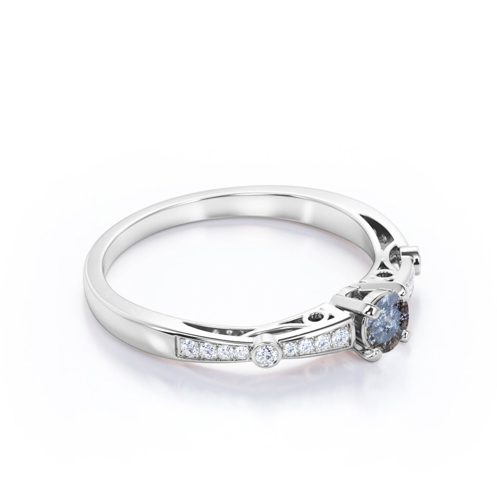 Baguette bands 0.65 carat Round cut Salt and pepper diamond and White diamond tapered style engagement ring in White gold