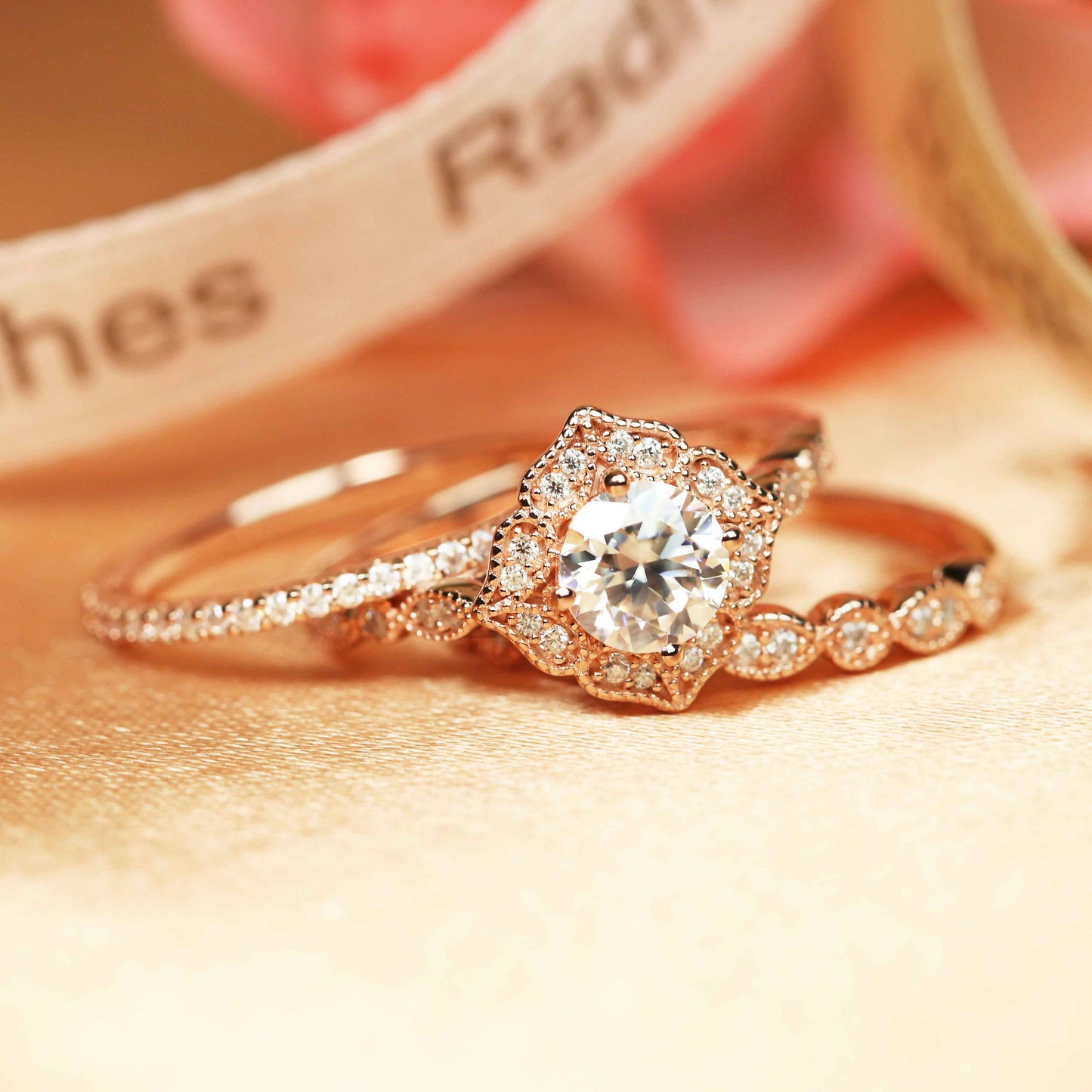 Art deco Vintage 1.9 carat Round cut Moissanite Trio Wedding Bridal Ring Set in Rose Gold