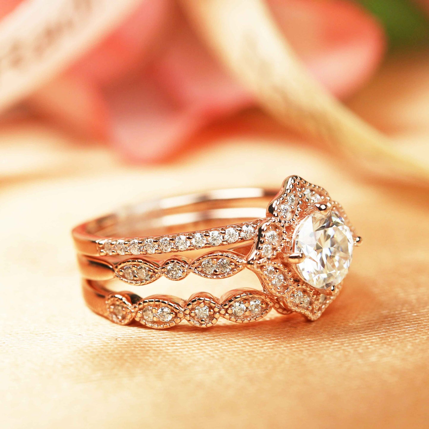Art deco Vintage 1.9 carat Round cut Moissanite Trio Wedding Bridal Ring Set in Rose Gold