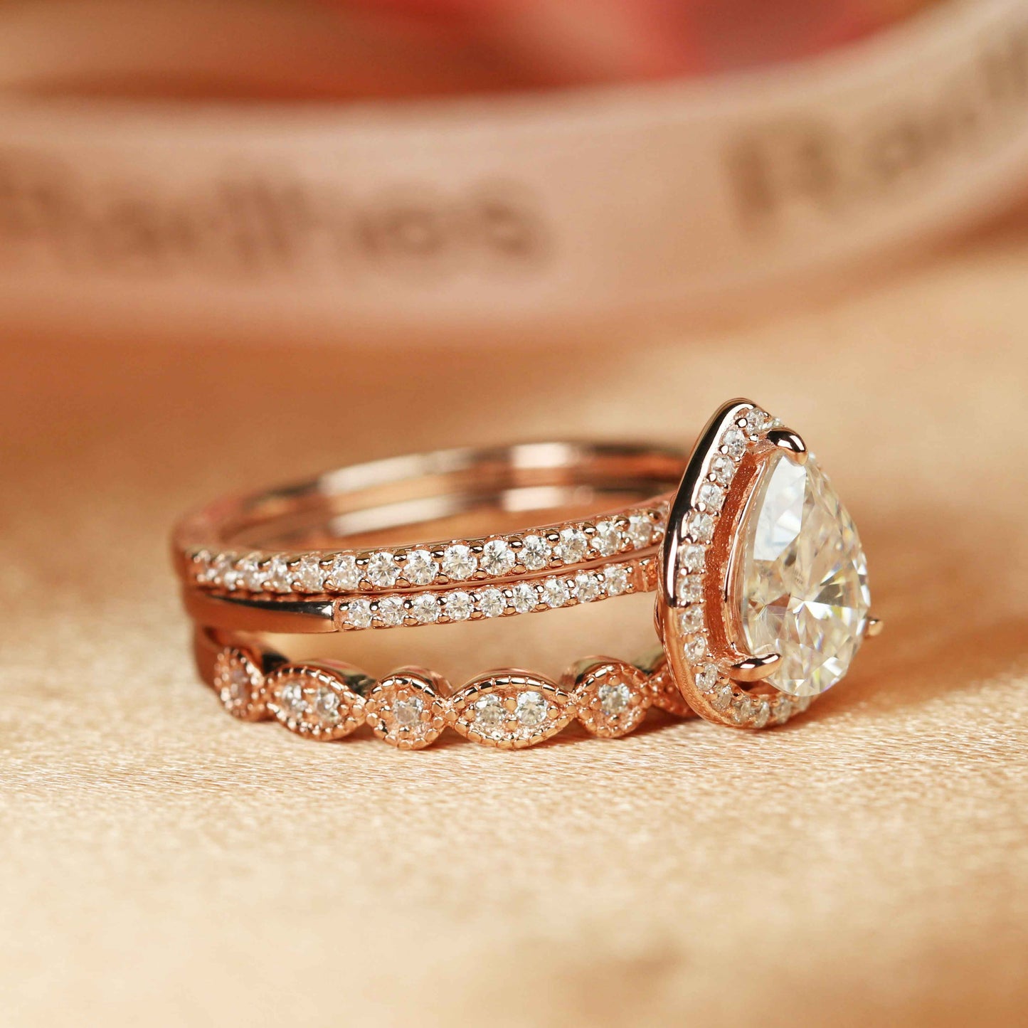 1.9 carat pear shape tear drop Moissanite Trio Wedding Bridal Ring Set in Rose Gold