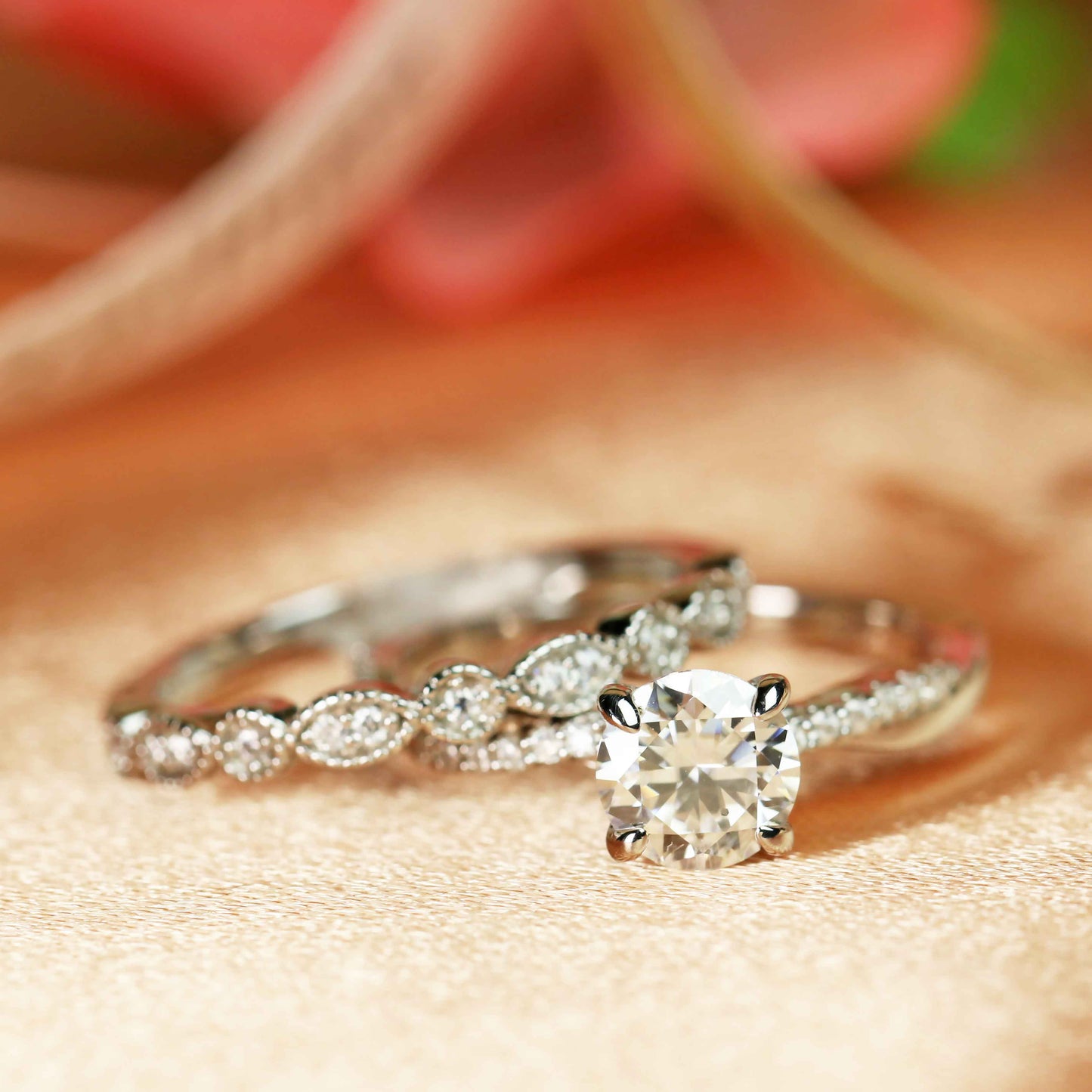 Vintage 1.35 carat Round cut Moissanite and Diamond Bridal Wedding Set in Gold