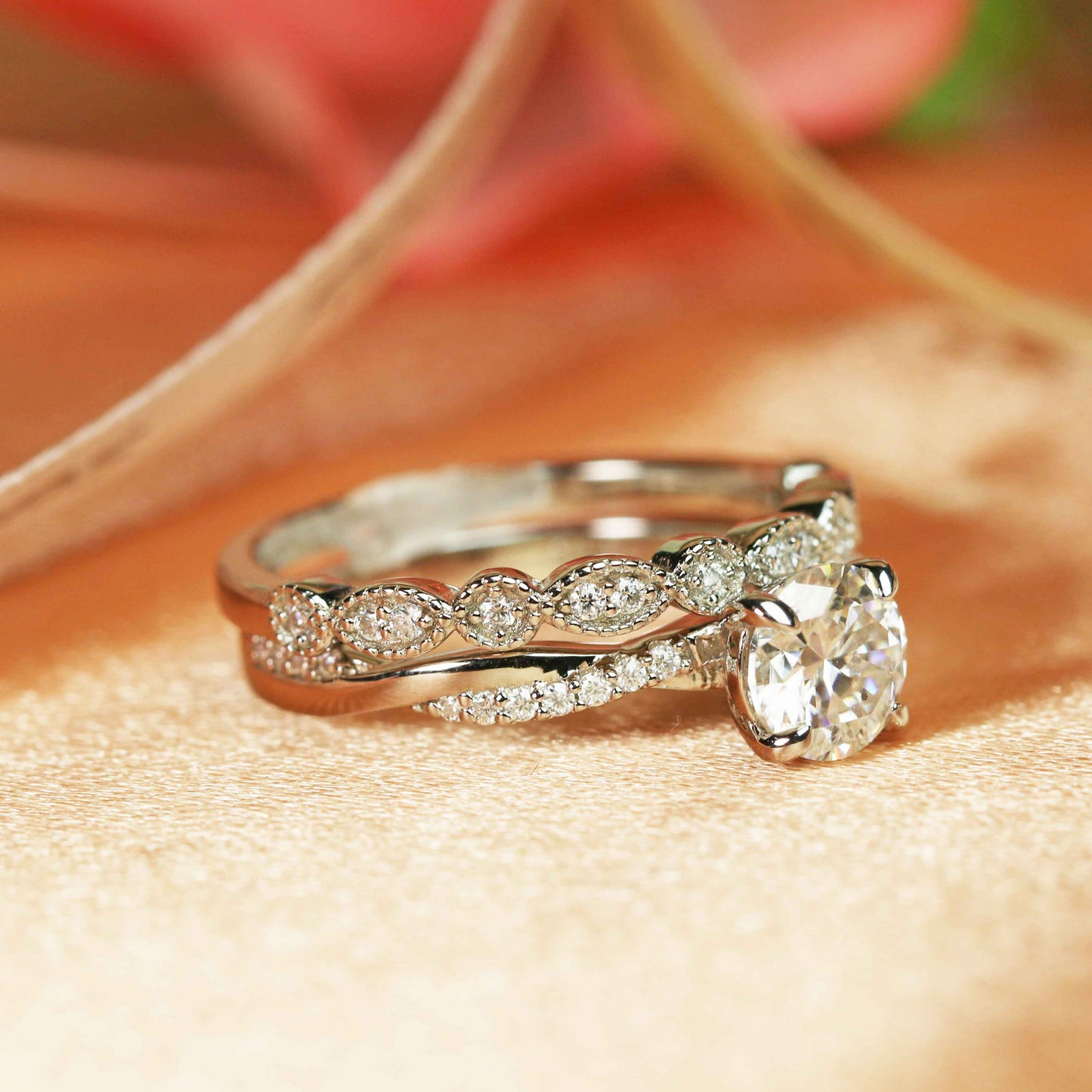 Vintage 1.35 carat Round cut Moissanite and Diamond Bridal Wedding Set in Gold