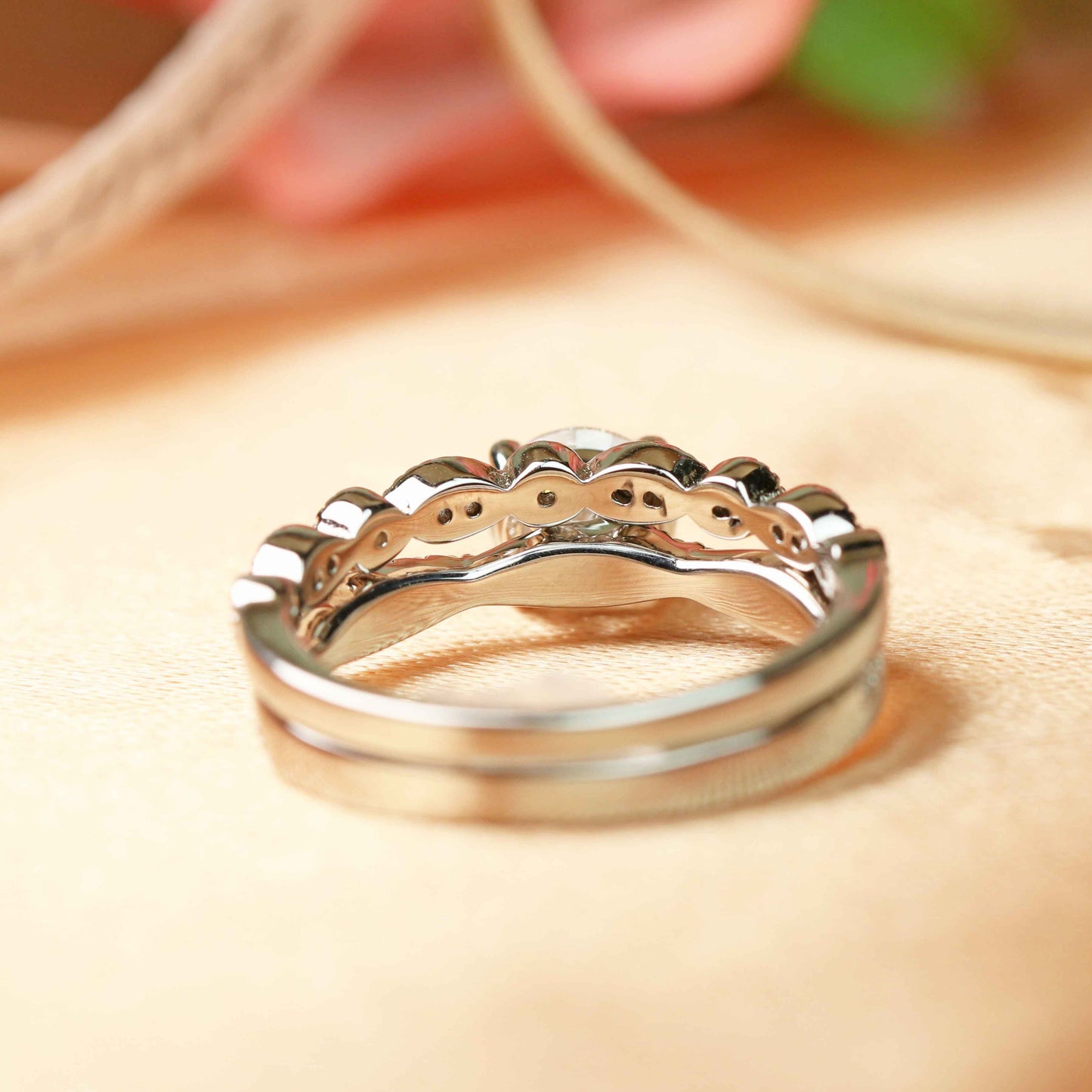 Vintage 1.35 carat Round cut Moissanite and Diamond Bridal Wedding Set in Gold