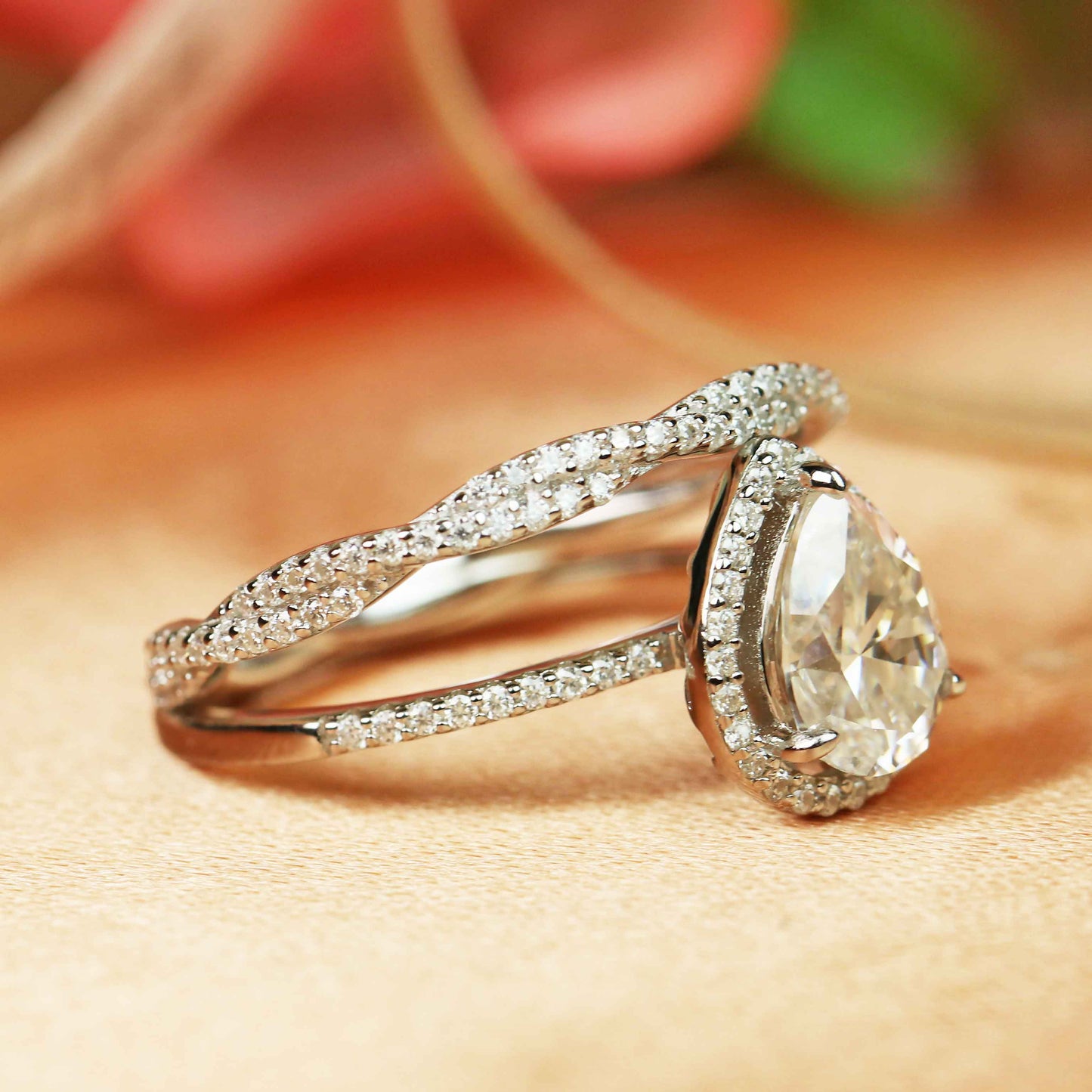 Vintage Halo set 1.75 carat pear shape Moissanite and Diamond Bridal Wedding Set in Gold