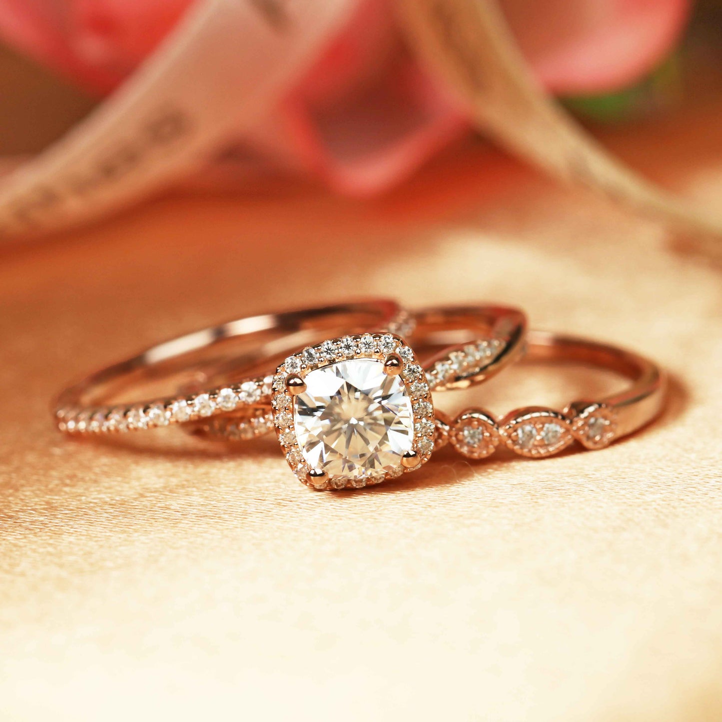 Unique 1.85 carat Cushion Cut Moissanite and Diamond Vintage Halo Wedding Trio Set in Gold