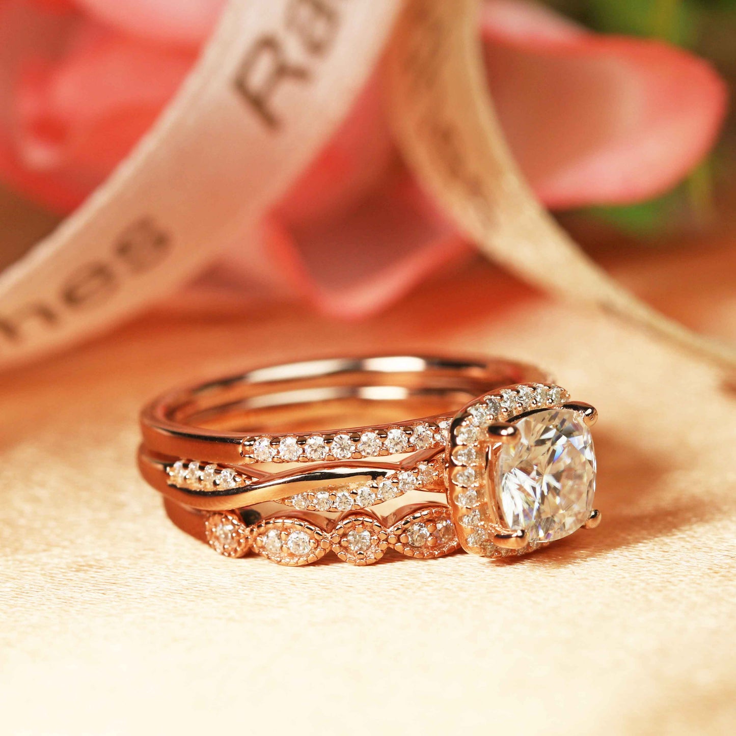 Unique 1.85 carat Cushion Cut Moissanite and Diamond Vintage Halo Wedding Trio Set in Gold